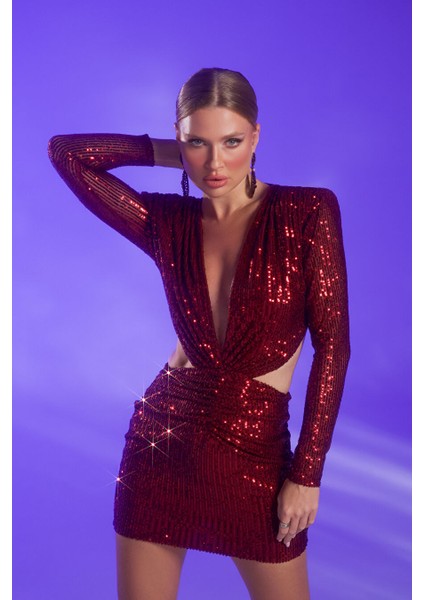 Bordo Payetli V Yaka Cut Out Mini Elbise