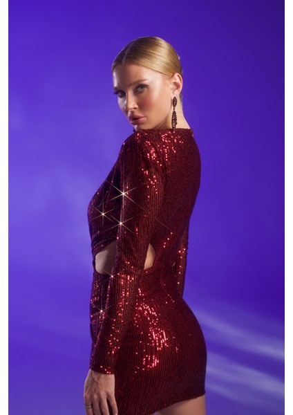 Bordo Payetli V Yaka Cut Out Mini Elbise fiyatları