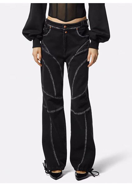 Yüksek Bel Lastikli Paça Standart Siyah Kadın Denim Pantolon 76HAB520 fiyatları