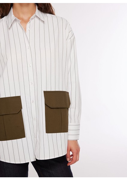 Oversize Gömlek Yaka Çizgili Beyaz - Siyah Kadın Gömlek F3WL-GML8 fırsatları