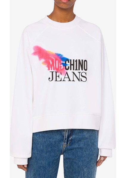 Beyaz Kadın Yuvarlak Standart Baskılı Sweatshirt J1709-1002