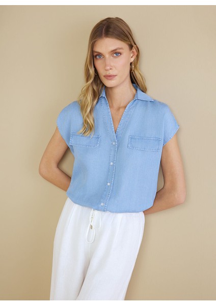 Mavi Kadın Kaçık Standart Denim Gömlek %100 Lyocell Kaçık Yaka Kısa Kol De