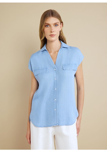 Mavi Kadın Kaçık Standart Denim Gömlek %100 Lyocell Kaçık Yaka Kısa Kol De fiyatları