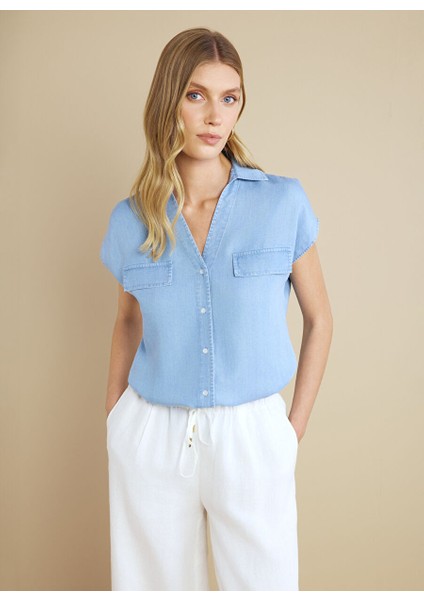 Mavi Kadın Kaçık Standart Denim Gömlek %100 Lyocell Kaçık Yaka Kısa Kol De modelleri