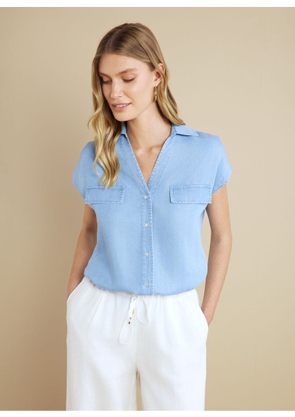 Mavi Kadın Kaçık Standart Denim Gömlek %100 Lyocell Kaçık Yaka Kısa Kol De fırsatları