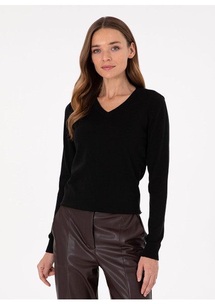 Siyah Kadın V Slim Fit Düz Kazak E-Carde