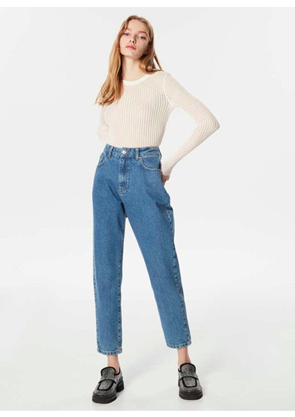 Yüksek Bel Boru Paça Mom Fit Indigo Kadın Denim Pantolon T00000018016629 fırsatları