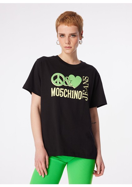 Yuvarlak Yaka Baskılı Siyah Kadın T-Shirt 241K1J0709 modelleri