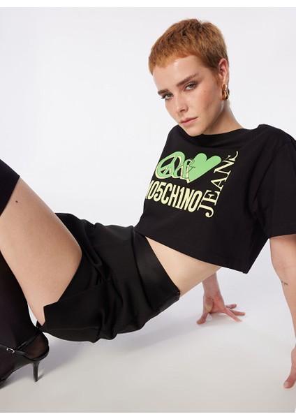 Yuvarlak Yaka Baskılı Siyah Kadın T-Shirt 241K1J0703