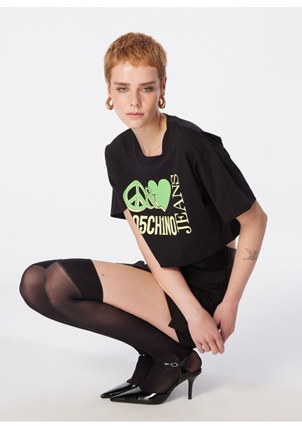 Yuvarlak Yaka Baskılı Siyah Kadın T-Shirt 241K1J0703 fırsatları