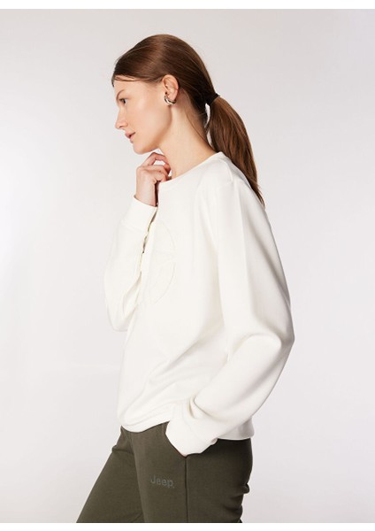 Ekru Kadın Bisiklet Relaxed Nakışlı Sweatshirt J4WL-SWT7096