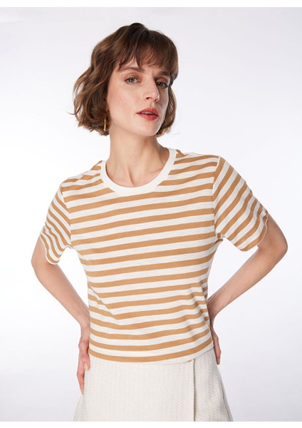 Beyaz - Bej Kadın Bisiklet Yaka Basic T-Shirt FC4SL-TST0536