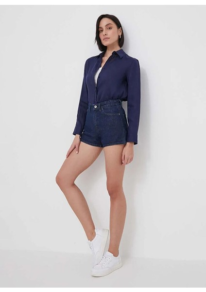 Yüksek Bel Koyu Mavi Kadın Denim Şort PL801111CT8