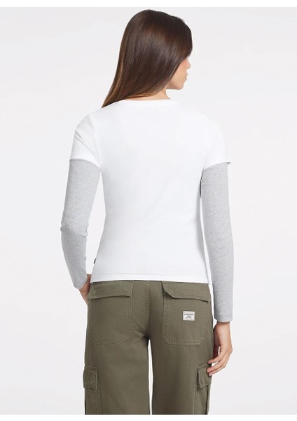 Beyaz Kadın Bisiklet Yaka Slim Fit Desenli T-Shirt Gj Ss Cn Slım Mını A - Mıd Organıc fırsatları