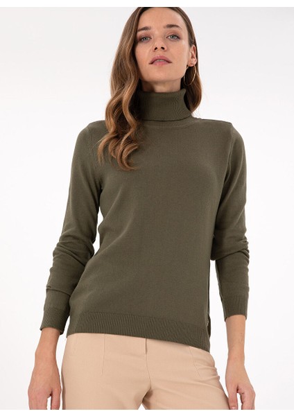 Haki Kadın Tam Balıkçı Slim Fit Düz Kazak E-Feva modelleri