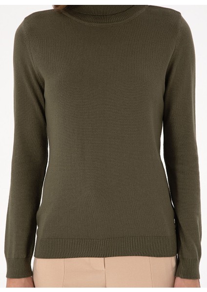 Haki Kadın Tam Balıkçı Slim Fit Düz Kazak E-Feva