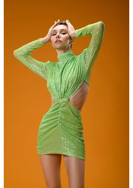 Yeşik Payetli Cut Out Detayli Mini Elbise