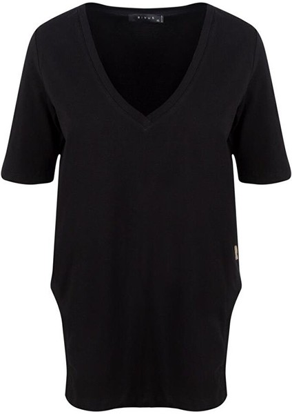 V Yaka Önü Arkası Uzun Basic T-Shirt - Siyah