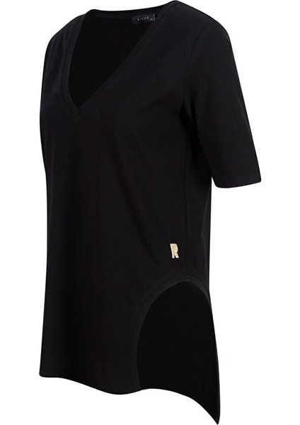 V Yaka Önü Arkası Uzun Basic T-Shirt - Siyah