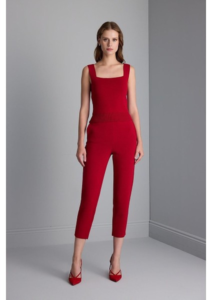 Kare Yaka Kırmızı Triko Crop Top