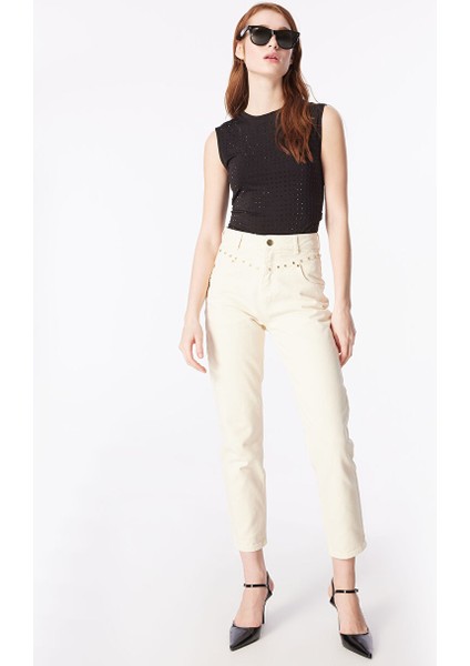 Normal Bel Normal Paça Mom Fit Ekru Kadın Denim Pantolon F4SL-PNT0547
