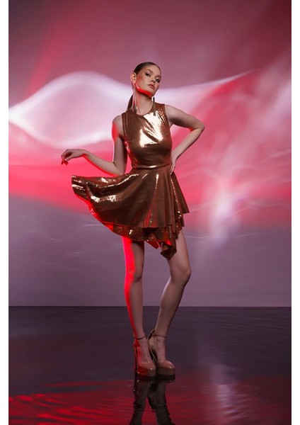 Bronz Payetli Mini Elbise