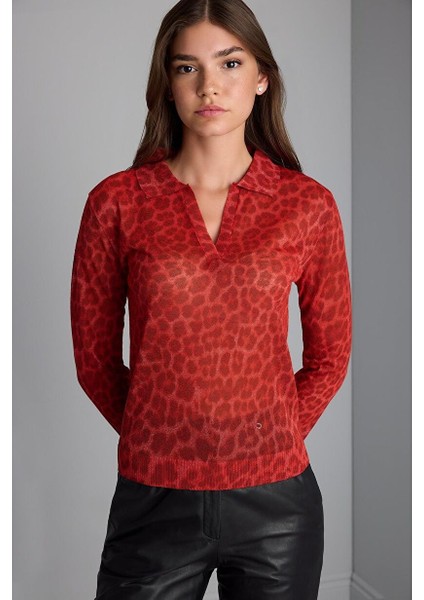 Polo Yaka Leopar Baskılı Triko Bluz modelleri