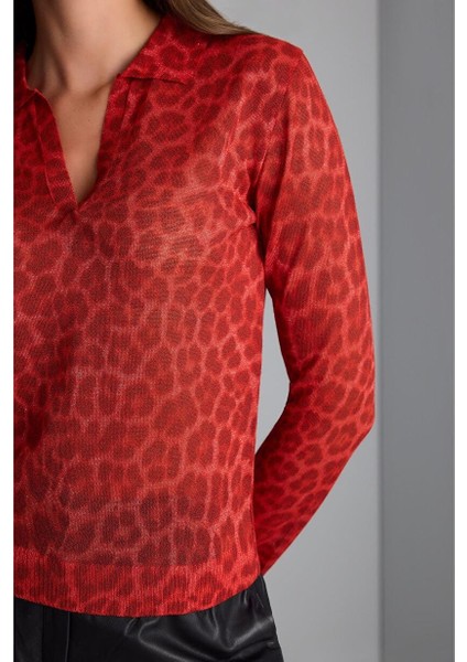 Polo Yaka Leopar Baskılı Triko Bluz fırsatları