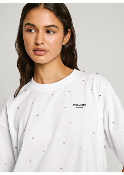 Beyaz Kadın Standart Düz T-Shirt PL505943 modelleri