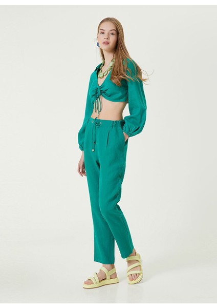 Yeşil Kadın U Yaka Regular Fit Keten Bluz 1086184
