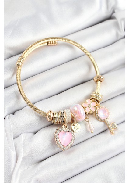 316L Çelik Pembe Zirkon Taşlı Anahtar ve Kalp Model Gold Renk Charm Bileklik