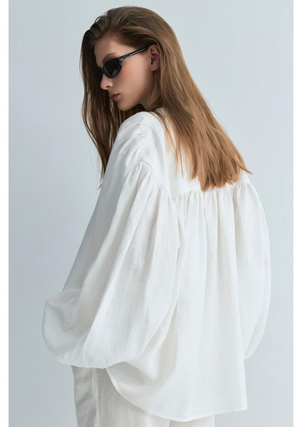 Beyaz %100 Keten Nour Büzgülü Gömlek modelleri