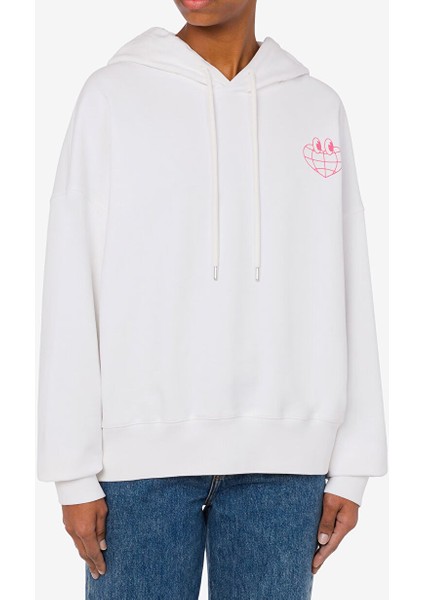 Beyaz Kadın Kapüşon Standart Baskılı Sweatshirt A1701-2002