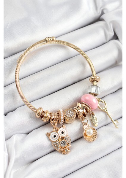 316L Çelik Pembe Zirkon Taşlı Baykuş Istiridye ve Anahtar Model Gold Renk Charm Bileklik
