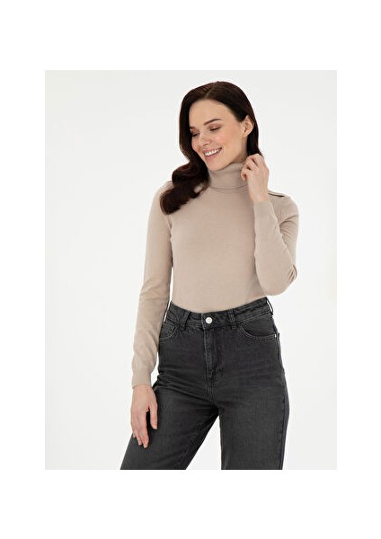 Bej Kadın Tam Balıkçı Slim Fit Düz Kazak Forge