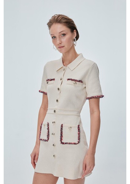 Polo Yaka Düğmeli Ekru Mini Elbise