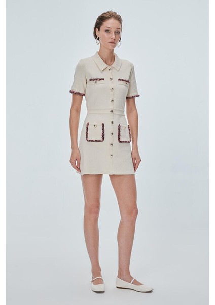 Polo Yaka Düğmeli Ekru Mini Elbise