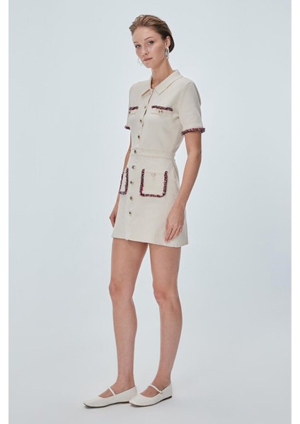 Polo Yaka Düğmeli Ekru Mini Elbise
