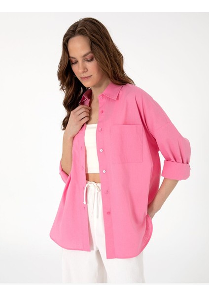 Açık Pembe Oversize Uzun Kollu Gömlek