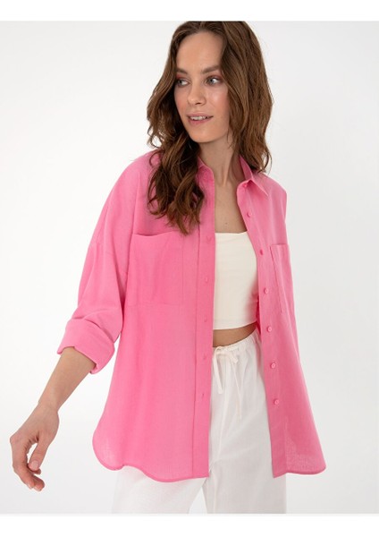 Açık Pembe Oversize Uzun Kollu Gömlek modelleri