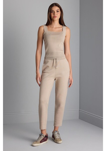 Kare Yaka Bej Triko Crop Top