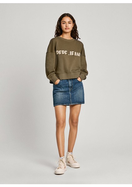 Haki Kadın Yuvarlak Standart Baskılı Sweatshirt PL581452