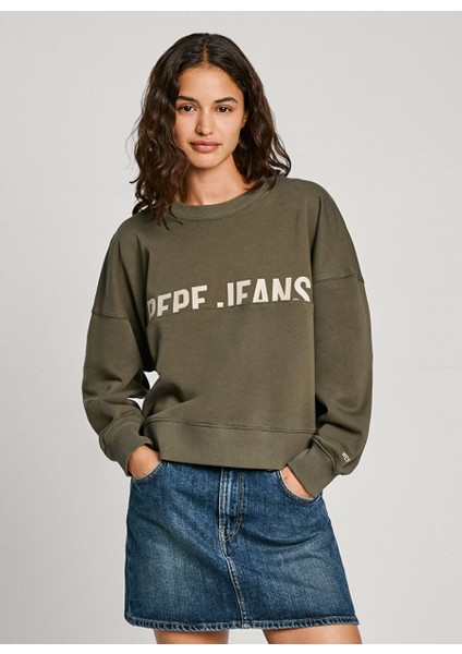 Haki Kadın Yuvarlak Standart Baskılı Sweatshirt PL581452