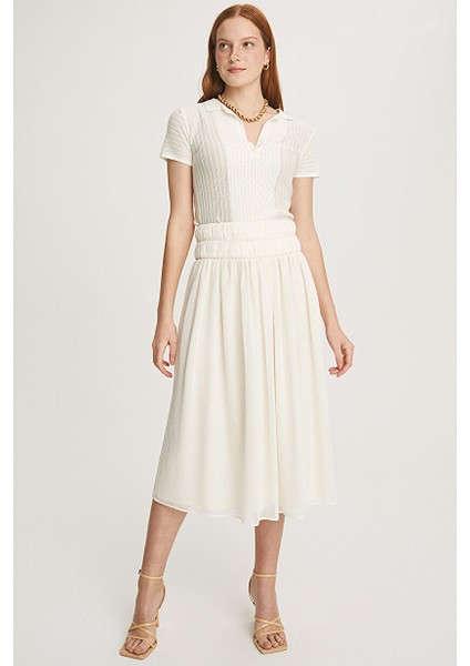 Lily Regular Fit Midi Boy Yüksek Bel Ekru Renk Etek