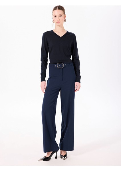 Lacivert Kadın V Slim Fit Düz Kazak E-Carde fiyatları