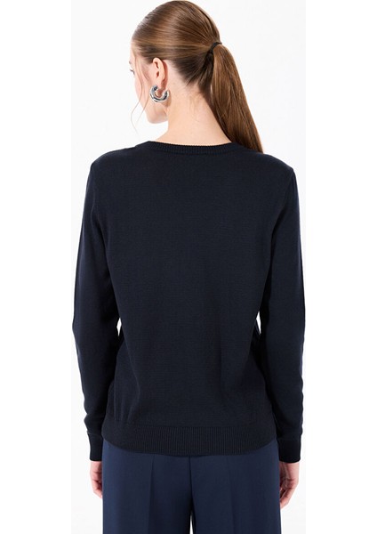 Lacivert Kadın V Slim Fit Düz Kazak E-Carde indirimleri