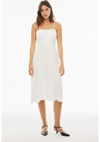Branny Regular Fit Midi Boy Askılı Kare Yaka Ekru Renk Elbise