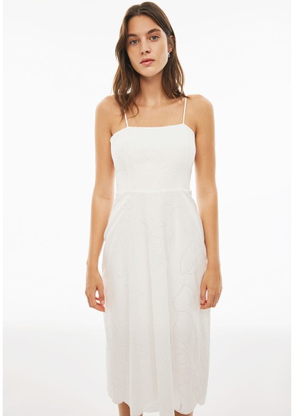Branny Regular Fit Midi Boy Askılı Kare Yaka Ekru Renk Elbise modelleri