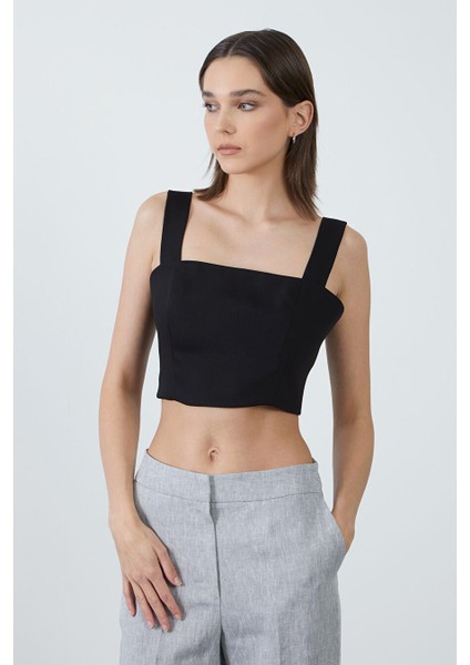 Kalın Askılı Siyah Crop Top