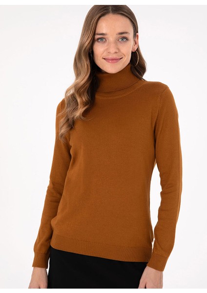 Kahve Kadın Tam Balıkçı Slim Fit Düz Kazak E-Feva